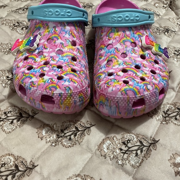 CROCS Lisa Frank Pink Unicorn Clogs with Light Blue Strap - Picture 2 of 4